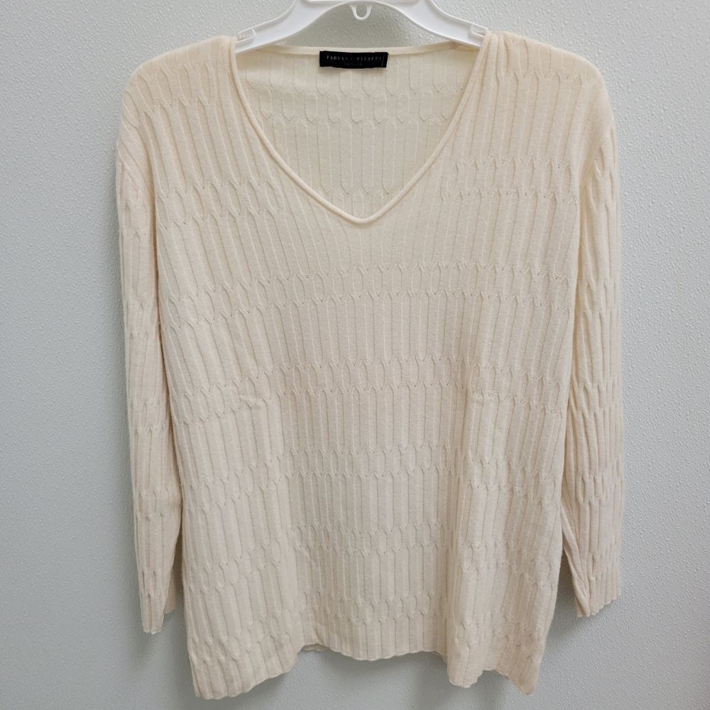 Fabiana Filippi Cream V Neck Cashmere 3/4 Sleeve Sweater Large